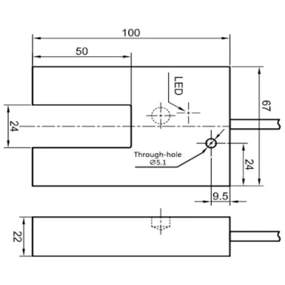 Датчик индуктивный LANBAO LE25UDPO щелевой, расстояние срабатывания - 24мм, тип выходного сигнала - NPN NO, соединение - кабель PVC 2м, материал корпуса - пластик, IP67