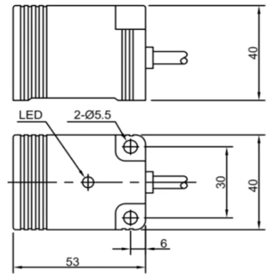 Датчик индуктивный LANBAO LE40SN20DNR прямоугольный, монтаж - незаподлицо, расстояние срабатывания - 20мм, тип выходного сигнала - NPN NO+NC, соединение - кабель 2м, материал корпуса - пластик, IP67