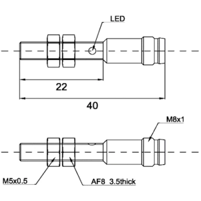 Датчик индуктивный LANBAO LR05AF08DPO-E1 резьбовой, монтаж - заподлицо, расстояние срабатывания - 0.8мм, тип выходного сигнала - PNP NO, соединение - разъем M8, материал корпуса - сталь нержавеющая, IP67