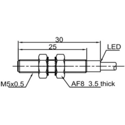 Датчик индуктивный LANBAO LR05AF08DNC резьбовой, монтаж - заподлицо, расстояние срабатывания - 0.8мм, тип выходного сигнала - NPN NC, соединение - кабель 2м, материал корпуса - сталь нержавеющая, IP67