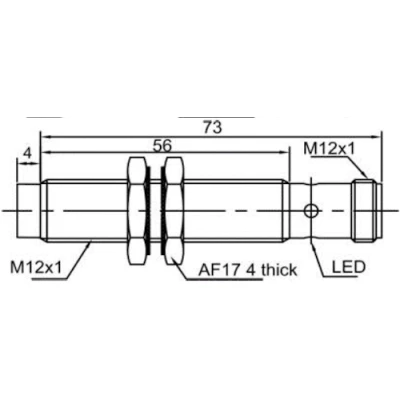 Датчик индуктивный LANBAO LR12XCN04ATO-E2 резьбовой, монтаж - незаподлицо, расстояние срабатывания - 4мм, тип выходного сигнала - 2-х проводной NO, соединение - разъем M12, материал корпуса - латунь никелированная, IP67