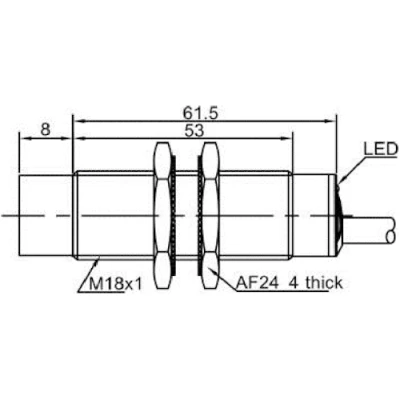 Датчик индуктивный LANBAO LR18XCN08SBO резьбовой, монтаж - незаподлицо, расстояние срабатывания - 8мм, тип выходного сигнала - 2-х проводной NO, соединение - кабель 2м, материал корпуса - латунь никелированная, IP67