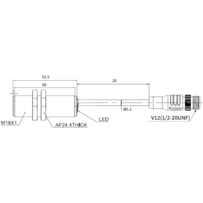 Датчик индуктивный LANBAO LR18XBF05DPOP-F2 резьбовой, монтаж - заподлицо, расстояние срабатывания - 5мм, тип выходного сигнала - PNP NO, соединение - кабель 0.2м с разъемом 0.2м, материал корпуса - латунь никелированная, IP68
