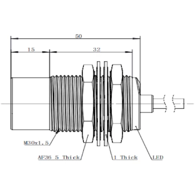 Датчик индуктивный LANBAO LR30EBN22DNOY резьбовой, монтаж - незаподлицо, расстояние срабатывания - 22мм, тип выходного сигнала - NPN NO, соединение - кабель 2м, материал корпуса - медно-никелевый сплав, IP68