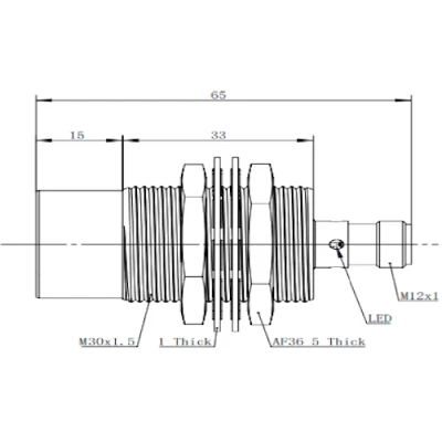 Датчик индуктивный LANBAO LR30EBN22DNCY-E2 резьбовой, монтаж - незаподлицо, расстояние срабатывания - 22мм, тип выходного сигнала - NPN NC, соединение - разъем M12, материал корпуса - медно-никелевый сплав, IP68