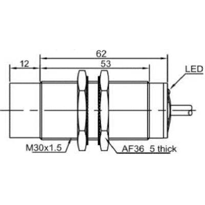 Датчик индуктивный LANBAO LR30XCN15ATO резьбовой, монтаж - незаподлицо, расстояние срабатывания - 15мм, тип выходного сигнала - 2-х проводной NO, соединение - кабель 2м, материал корпуса - латунь никелированная, IP67