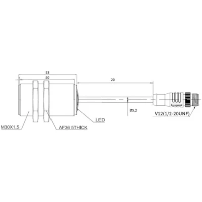 Датчик индуктивный LANBAO LR30XBF10DPOP-F2 резьбовой, монтаж - заподлицо, расстояние срабатывания - 10мм, тип выходного сигнала - PNP NO, соединение - кабель 0.2м с разъемом 0.2м, материал корпуса - латунь никелированная, IP68