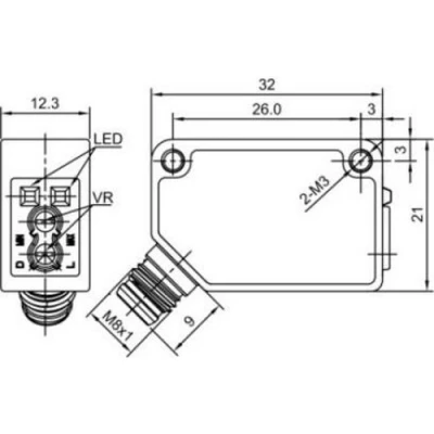 Датчик оптический LANBAO PSF-BC30DPO-E1, прямоугольный корпус, диффузный, выход PNP, питание - 12-24В, разъем M8 3-pin, IP67, расстояние срабатывания - 300мм, материал корпуса - пластик