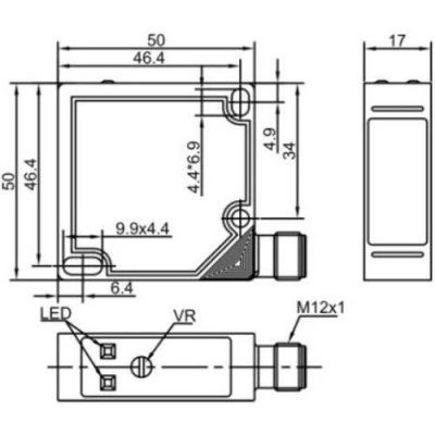 Датчики оптические LANBAO PTF-E2, прямоугольный корпус, диффузные, питание - 12-24В, разъем M12 4-pin, IP64, расстояние срабатывания - 500-1000мм, материал корпуса - пластик