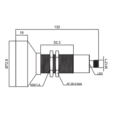 Датчик ультразвуковой LANBAO UR30-CM6DT-E2, расстояние срабатывания - 350-6000мм, разъем M12 4-pin, корпус - латунь никелированная