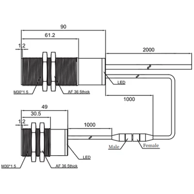 Датчик ультразвуковой LANBAO UR30-DC40D3NO двойного листа, расстояние срабатывания 20-40мм, тип выходного сигнала - NPN, кабель PVC 2м, корпус - никелированная латунь, IP67