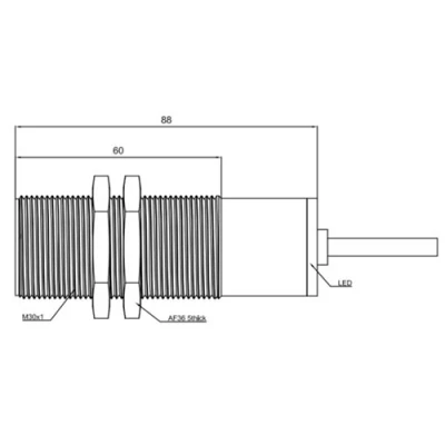 Датчик ультразвуковой LANBAO UR30-CM2DPB, расстояние срабатывания - 180-2000мм, тип выходного сигнала - PNP, кабель PVC 2м, корпус - латунь никелированная, IP67