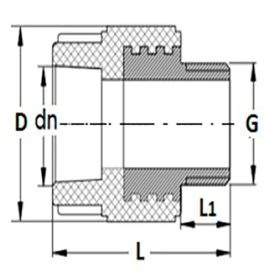 Муфта комбинированная Политэк Дн40x1 1/4″ Ру25, присоеднинение - под приварку/наружная резьба, корпус - полипропилен, цвет - серый, под ключ