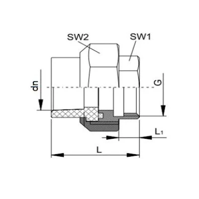 Муфта разъемная Политэк Дн32x1″ Ру25, присоединение - под приварку/внутренняя резьба, корпус - полипропилен, цвет - серый