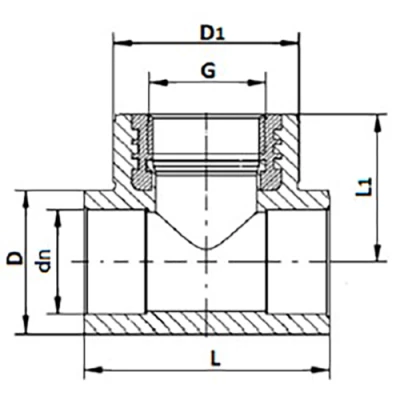 Тройник Политэк Дн20x1/2″ Ру25, присоединение - внутренняя резьба/под приварку, корпус - полипропилен, цвет - серый