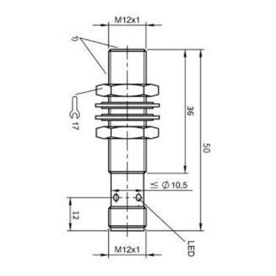 Индуктивный датчик Prompower KJ112-D04NB-DS1250-LY резьбовой, монтаж - заподлицо, расстояние срабатывания - 4мм, тип выходного сигнала - NPN-НЗ, соединение - разъём М12, материал корпуса - никелированная латунь, IP67