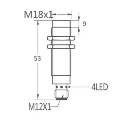 Индуктивный датчик Prompower KT118-D16PA-DS1253-LY резьбовой, монтаж - незаподлицо, расстояние срабатывания - 16мм, тип выходного сигнала - PNP-НО, соединение - разъём М12, материал корпуса - никелированная латунь, IP67