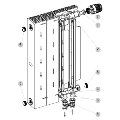 Радиатор биметаллический Rifar SUPReMO VENTIL 500, 5 секций, теплоотдача - 1010Вт, подключение резьбовое - 3/4″, нижнее правое, цвет - белый