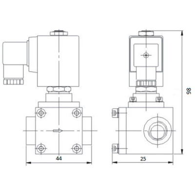 Клапан электромагнитный Ридан EV214R Ду10 Ру250, корпус - нержавеющая сталь, уплотнение - PTFE, присоединение - внутренняя резьба 3/8″, нормально-закрытый, перепад давления 0-250бар, катушка - 220В AC