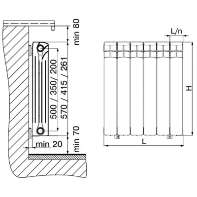 Радиатор биметаллический RIFAR Base Ventil 200 6 секций, теплоотдача - 600Вт, нижнее левое подключение