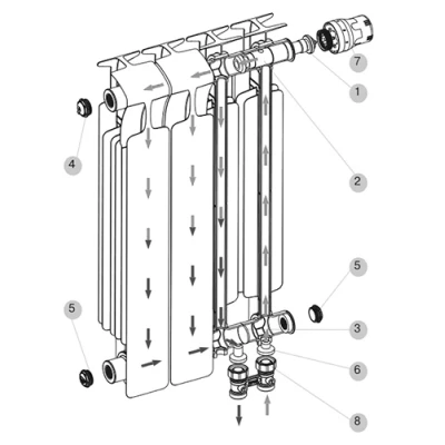 Радиатор биметаллический RIFAR Monolit Ventil 350 9 секций, теплоотдача - 1242Вт, нижнее правое подключение