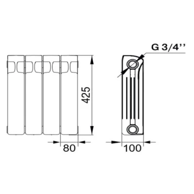 Радиатор биметаллический RIFAR Monolit Ventil 350 9 секций, теплоотдача - 1242Вт, нижнее правое подключение