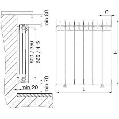 Радиатор алюминиевый RIFAR Alum Eco 500 14 секций, теплоотдача - 2310Вт, боковое подключение, цвет - белый