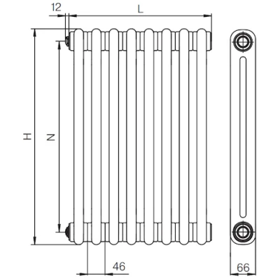 Радиатор стальной трубчатый RIFAR TUBOG 2180, 8 секций, 2 трубы, теплоотдача - 1584Вт, нижнее центральное подключение, цвет - RAL9016
