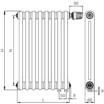 Радиатор стальной трубчатый RIFAR TUBOG Ventil 2180, 5 секций, 2 трубы, теплоотдача - 990Вт, нижнее одностороннее подключение с термостатическим клапаном, цвет - RAL9016