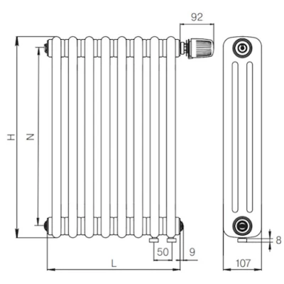 Радиатор стальной трубчатый RIFAR TUBOG Ventil 3180, 6 секций, 3 трубы, теплоотдача - 1920Вт, нижнее одностороннее подключение с термостатическим клапаном, цвет - RAL9016