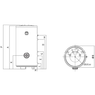 Бойлер косвенного нагрева UNI-FITT STINOX F 150-200 напольный, объем - 200л, мощность - 30кВт, корпус - нержавеющая сталь, Tmax 90°C, подключение - боковое, с ревизионным отверстием