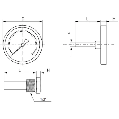 Термометр погружной осевой UNI-FITT 321D4242 биметаллический 120°C, корпус 80мм, гильза 50мм, G1/2″, класс точности 2.5