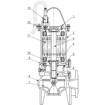 Насос фекальный Wellmix 150WQ160-15-11 погружной, корпус - чугун, мощность - 11кВт, напор - 15м, производительность - 2667л/мин, 380В