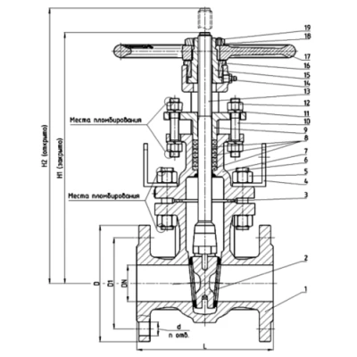 Задвижка клиновая 30нж41нж ТехГидроМаш Ду400 Ру16 фланцевая, клин - однодисковый, шпиндель - выдвижной, корпус - нержавеющая сталь, уплотнение - графлен