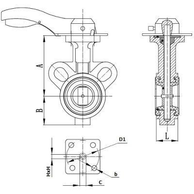 Затворы дисковые поворотные DN.ru WBV0232E-2W-Fb-ISO-H Ду25/32 Ру16, корпус - алюминиевый сплав, диск - нержавеющая сталь 316L, уплотнение - EPDM, с ISO-фланцем и рукояткой