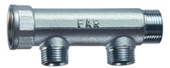 Коллектор нерегулируемый FAR FK 3600 Ду25-2х1/2″ Ру10, наружная/внутренняя резьба с 2-мя выходами Ду15, выходы внутренняя резьба, проходной, корпус латунь