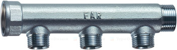 Коллектор нерегулируемый FAR FK 3650 Ду32-3х1/2″ Ру10, наружная/внутренняя резьба с 3-мя выходами Ду15, выходы внутренняя резьба, проходной, корпус латунь