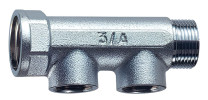 Коллектор нерегулируемый FAR FK 3475 Ду25-2х1/2″ Ру10, наружная/внутренняя резьба с 2-мя выходами Ду15, выходы наружная резьба, проходной, корпус латунь