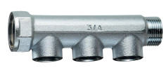 Коллектор нерегулируемый FAR FK 3525 Ду20-3х1/2″ Ру10, наружная/внутренняя резьба с 3-мя выходами Ду15, выходы наружная резьба, проходной, корпус латунь
