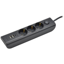 Удлинитель IEK WYP12-16-03-02-ZKU-K02 MODERN У03В, USB гнезда - 3 шт, розетки - 3 шт, длина кабеля - 2 м, ток номинальный - 16 А, мощность максимальная - 3680 Вт, с заземлением, шторками и выключателем, черный