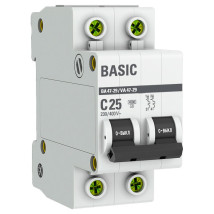 Автоматический выключатель двухполюсный EKF Basic ВА47-29 2P 25А (С) 4.5kА, сила тока 25 А, тип расцепления С, отключающая способность 4.5 kА