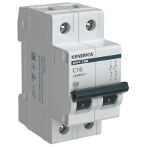 Автоматический выключатель двухполюсный Generica ВА47-29М 2P (C) 16А 4.5кА, сила тока 16 A, тип расцепителя C, отключающая способность 4.5 кА