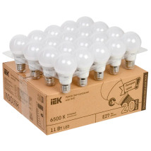 Лампа светодиодная IEK LLE-A60-230V 60 мм мощность - 11 Вт, цоколь - Е27, световой поток - 990 лм, цветовая температура - 6500 K, комплект 20шт, холодный свет, форма - груша