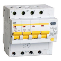 Автоматический выключатель дифференциального тока четырехполюсный IEK АД-14 C10 АС30, ток утечки 30 мА, переменный, сила тока 10 А