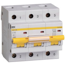 Автоматический выключатель трехполюсный IEK KARAT ВА47-100 3P (C) 10А 10кА, сила тока 10 A, тип расцепителя C, отключающая способность 10 кА