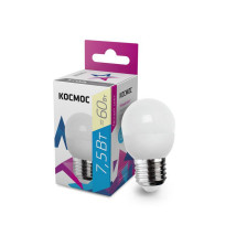 Лампа светодиодная КОСМОС шар матовая, мощность - 7,5 Вт, цоколь - E27, световой поток - 600 лм, цветовая температура - 3000 K, форма - шар