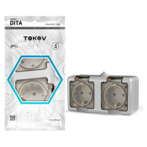 Розетка TOKOV ELECTRIC Dita 2-местная для открытой установки 16А, IP54 250В с заземлением, с прозрачной крышкой, цвет - серый