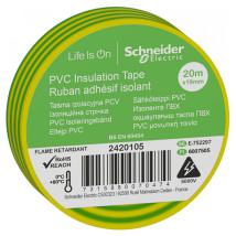 Изолента самозатухающая Schneider Electric OptiLine 45 ширина - 19 мм, длина - 20 м, толщина - 0.13 мм, материал - поливинилхлорид, цвет - желто-зеленый