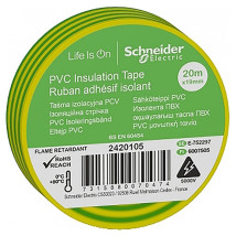 Изолента самозатухающая Schneider Electric ширина - 19 мм, длина - 20 м, толщина - 0.13 мм, материал - поливинилхлорид, цвет - желто-зеленый