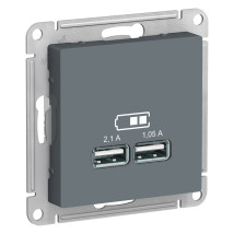 Розетка Systeme Electric AtlasDesign USB 2-местная, разъем типа A+А скрытой установки, механизм, цвет - грифель